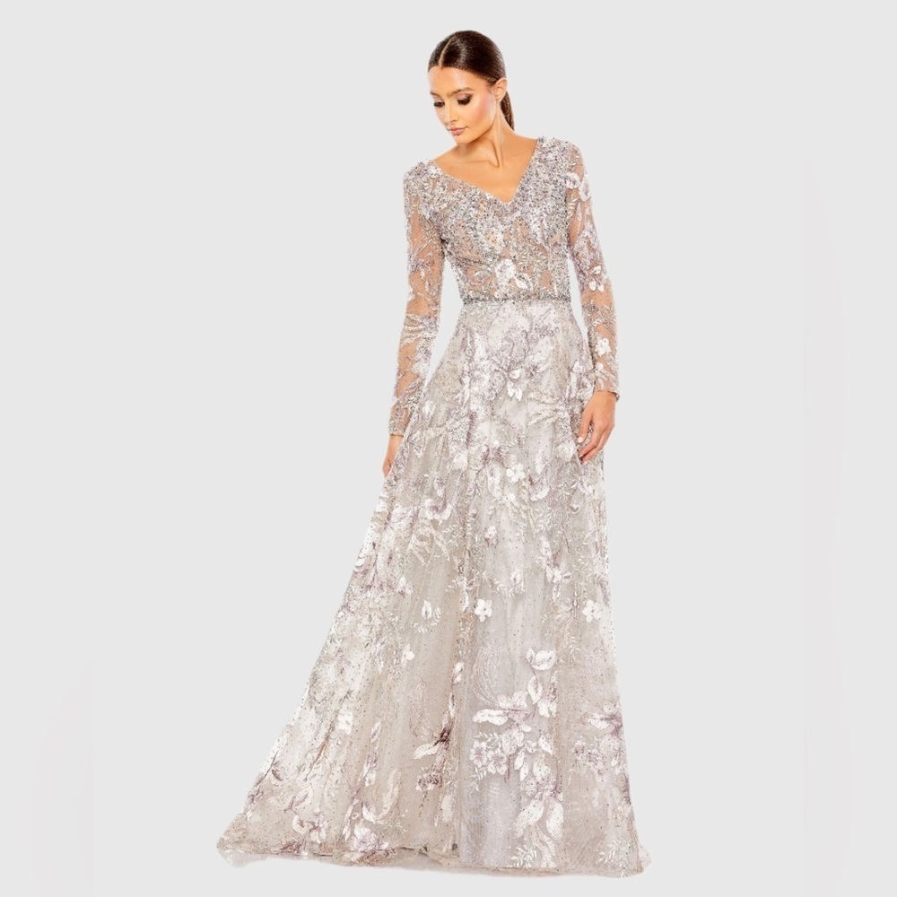 Mac Duggal 20214 Nwt Long Sleeve Beaded Applique Gown